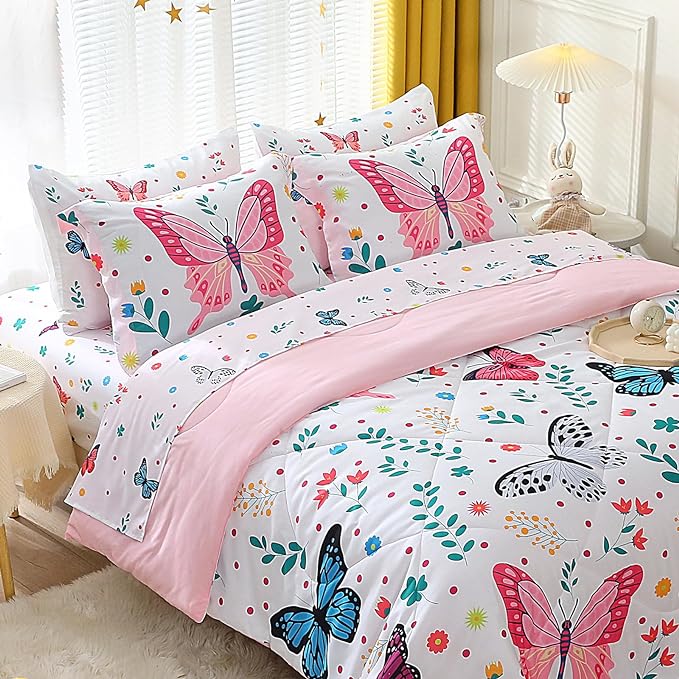 Girls Butterfly Comforter Set Queen Size 7 Piece Bed in A Bag Colorful Flowers Leaves Bedding Set for Kids Teens Super Soft All Season - LeafyLoom