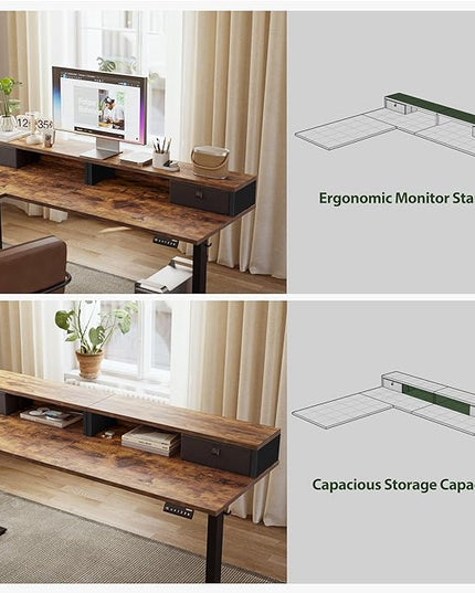L shaped Electric Standing Desk with 2 Drawers, 63 Inch Ergonomic Adjustable Height Desk with Storage, Corner Desk Sit Stand up Computer Table for Work Office Home, Rustic Brown - LeafyLoom