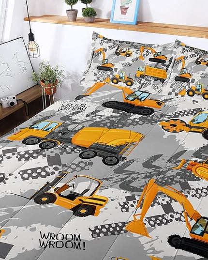 3-Pcs Construction Kids Bedding Set for Boys, Reversible Twin Truck Bed Comforter Set, Cartoon Excavator Car Printed Bedding Sets with Tire Marks - LeafyLoom