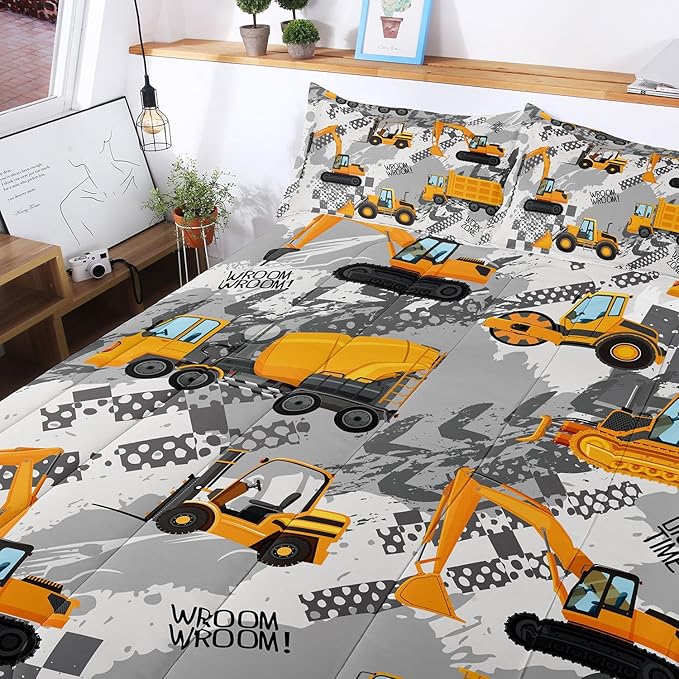 3-Pcs Construction Kids Bedding Set for Boys, Reversible Twin Truck Bed Comforter Set, Cartoon Excavator Car Printed Bedding Sets with Tire Marks - LeafyLoom