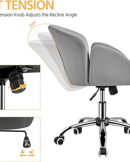 Yaheetech Cute Velvet Desk Chair for Home Office, Makeup Vanity Chair with Armrests for Bedroom Modern Swivel Rolling Chair for Women Light Gray - LeafyLoom