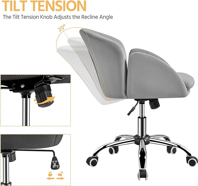 Yaheetech Cute Velvet Desk Chair for Home Office, Makeup Vanity Chair with Armrests for Bedroom Modern Swivel Rolling Chair for Women Light Gray - LeafyLoom