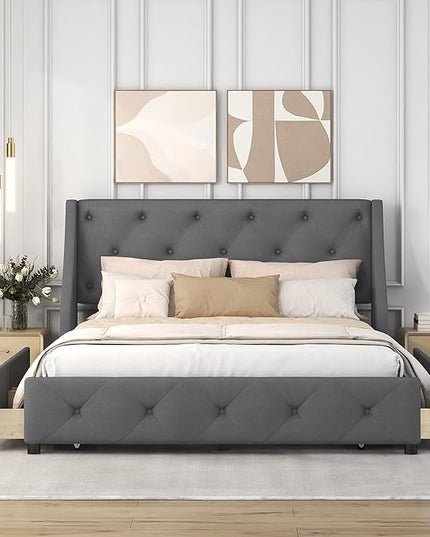 Queen Size Bed Frame with 4 Storage Drawers & Tufted Headboard Linen Upholstered Platform Bed Frame Wingback Beds with Sturdy Wooden Slats Support, Easy Assembly, Noise-Free - LeafyLoom