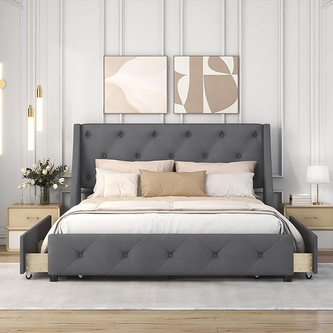 Queen Size Bed Frame with 4 Storage Drawers & Tufted Headboard Linen Upholstered Platform Bed Frame Wingback Beds with Sturdy Wooden Slats Support, Easy Assembly, Noise-Free - LeafyLoom