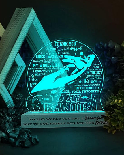 to My Grandpa Lamp, Grandpa Acrylic Night Light, Fathers Day Birthday Gifts for Grandpa Grandfather, 3D Illusion Lamp w/Wooden Base USB Powered Gifts for Men Dad Daddy Grandpa, Bedroom Décor - LeafyLoom