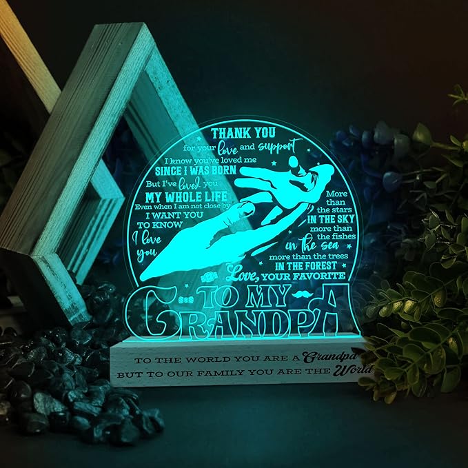 to My Grandpa Lamp, Grandpa Acrylic Night Light, Fathers Day Birthday Gifts for Grandpa Grandfather, 3D Illusion Lamp w/Wooden Base USB Powered Gifts for Men Dad Daddy Grandpa, Bedroom Décor - LeafyLoom