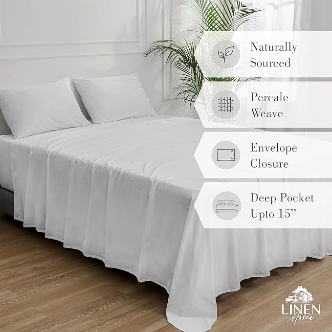 Linen Home Washed Cotton Percale Full Sheet Set, White, Deep Pocket, 4 Pieces Bed Sheets - 1 Flat Sheet, 1 Fitted Sheet & 2 Envelope Closure Pillowcases, Cool and Comfortable Bed Linen - LeafyLoom