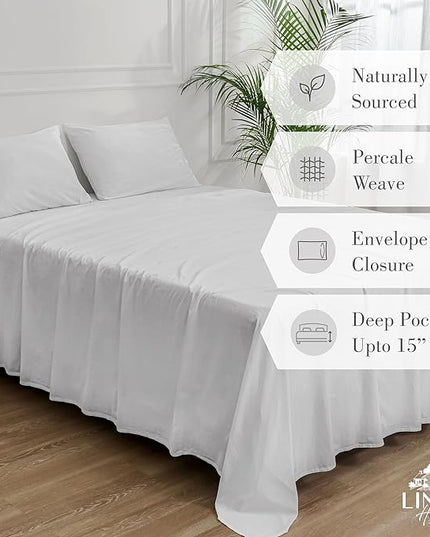 Linen Home Washed Cotton Percale King Sheet Set, White, Deep Pocket, 4 Pieces Bed Sheets - 1 Flat Sheet, 1 Fitted Sheet & 2 Envelope Closure Pillowcases, Cool and Comfortable Bed Linen - LeafyLoom