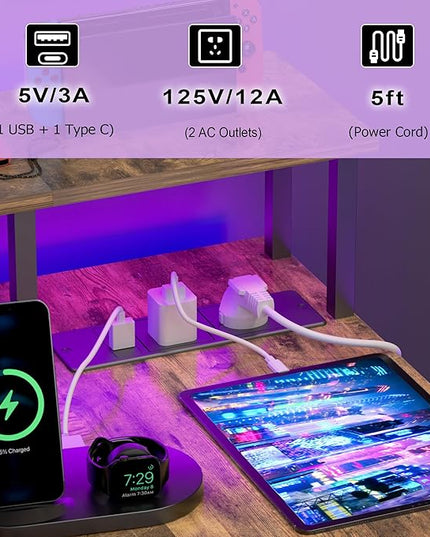 L Shaped Gaming Desk with Power Outlets, 47 Inch Computer Desk with LED Lights and Reversible Shelves, Corner Desk Work Desk for Home Office Bedroom, Rustic Brown - LeafyLoom