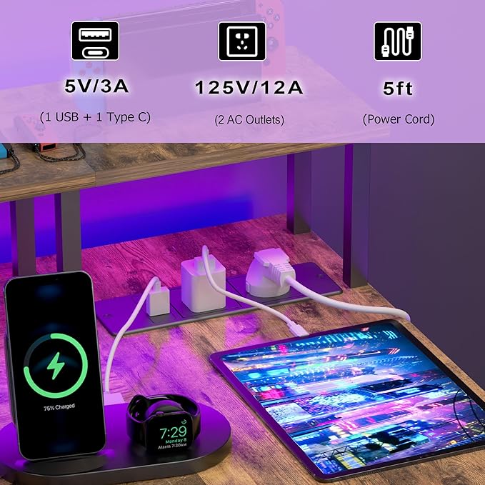 L Shaped Gaming Desk with Power Outlets, 47 Inch Computer Desk with LED Lights and Reversible Shelves, Corner Desk Work Desk for Home Office Bedroom, Rustic Brown - LeafyLoom