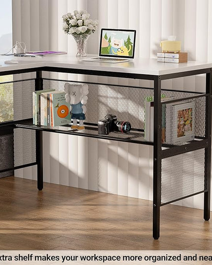 Reversible L Shaped Computer Desk Power Outlets and USB Ports, Large Corner Desk, Sturdy Home Office Gaming Table with Storage Shelf, Unique Grid Design Writing Desk, Easy to Assemble, White - LeafyLoom