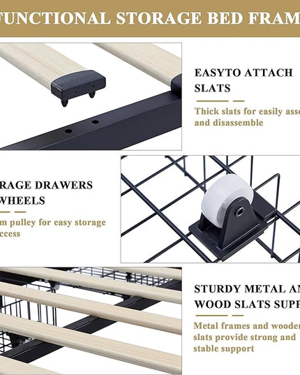 VECELO Queen Size Upholstered Platform Bed Frame with 4 Storage Drawers, Adjustable Velvet Rivets Headboard, Wooden Slats Support, No Box Spring Needed, Easy Assembly - LeafyLoom