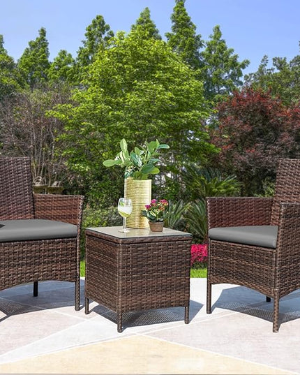 Greesum 3 Pieces Patio Furniture Sets Outdoor PE Rattan Wicker Chairs with Soft Cushion and Glass Coffee Table for Garden Backyard Porch Poolside, Brown and Gray - LeafyLoom