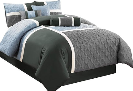 Chezmoi Collection Upland 7-Piece Quilted Patchwork Comforter Set, Gray/Light Blue/Charcoal, California King - LeafyLoom