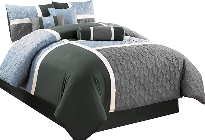Chezmoi Collection Upland 7-Piece Quilted Patchwork Comforter Set, Gray/Light Blue/Charcoal, California King - LeafyLoom