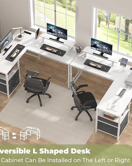 Homieasy L Shaped Computer Desk with Storage File Drawer, Reversible Home Office Desk with Recessed Power Strip and Led Strip, Corner Gaming Desk Work Study Table with Monitor Stand, White - LeafyLoom