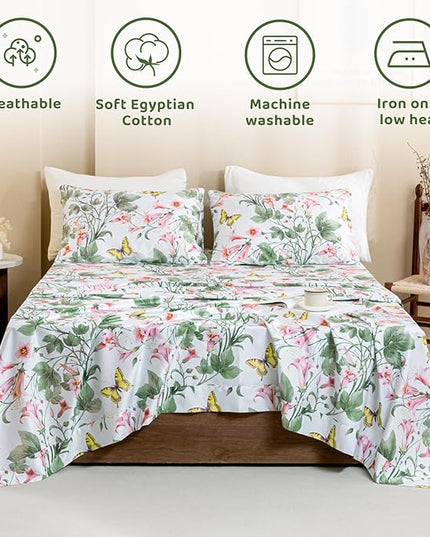 QSH Butterfly Bed Sheets Set Queen Size 100% Egyptian Cotton Sheet Wild Flower Leaves Printed Pattern Bedding Sheets Spring Floral Bedsheets Deep Pockets 4PCs - LeafyLoom