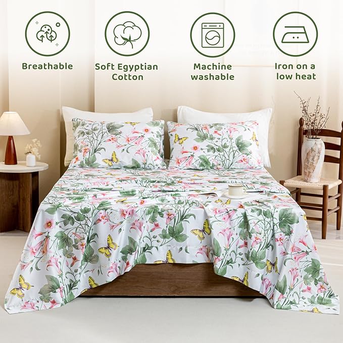 QSH Butterfly Bed Sheets Set Queen Size 100% Egyptian Cotton Sheet Wild Flower Leaves Printed Pattern Bedding Sheets Spring Floral Bedsheets Deep Pockets 4PCs - LeafyLoom