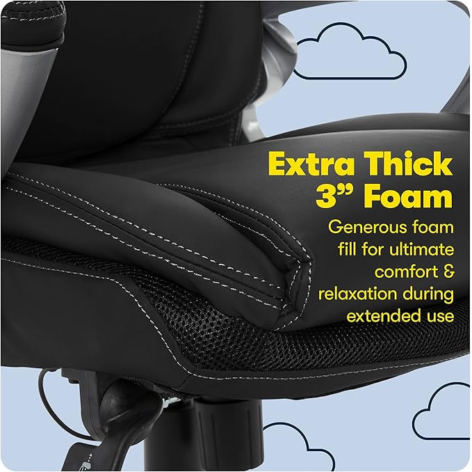 Serta Bryce Executive Office Chair, Ergonomic Computer DeskChair with Patented AIR Lumbar Technology, Comfortable Layered Body Pillows for Cushioning, SertaQuality Foam, Bonded Leather, Black - LeafyLoom
