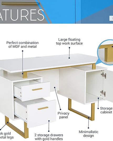 Techni Mobili Storage Drawers and Cabinet 51.25” W-Modern Office Large Floating Desktop Surface Desk, 23.6" D x 51.2" W x 29.8" H, White/Gold - LeafyLoom