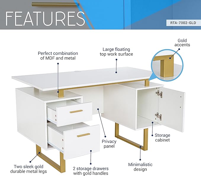 Techni Mobili Storage Drawers and Cabinet 51.25” W-Modern Office Large Floating Desktop Surface Desk, 23.6" D x 51.2" W x 29.8" H, White/Gold - LeafyLoom