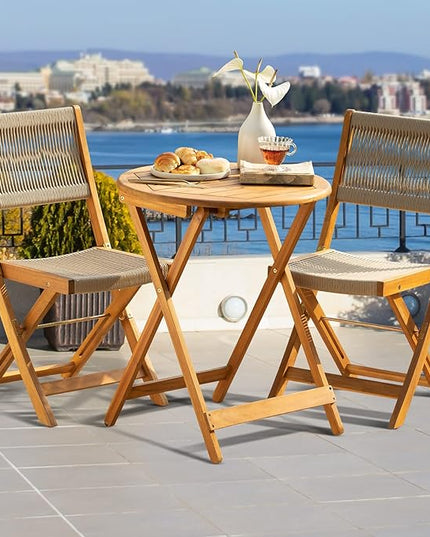 Heavy Duty 400lbs Capacity Patio Bistro Set 3 Piece Outdoor, Folding Chairs with Elegant, Wood Rope Design - Beige - LeafyLoom