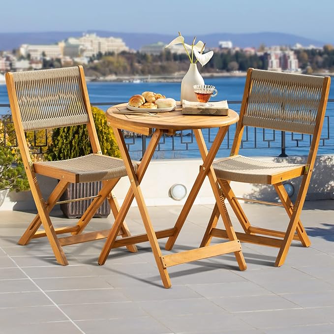Heavy Duty 400lbs Capacity Patio Bistro Set 3 Piece Outdoor, Folding Chairs with Elegant, Wood Rope Design - Beige - LeafyLoom