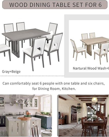 7-Piece Farmhouse Dining Set with Rectangular Table and 6 Upholstered Chairs, Minimalist Solid Wooden Kitchen Suit for Living Room, Home Restaurant, Easy to Install, Grey+White - LeafyLoom
