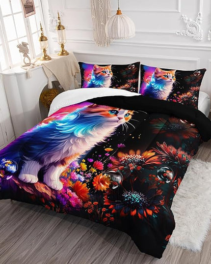 Cartoon Kawaii Cat Comforter Set Twin Size 3D Animals Flower Toddler Bedding Set Cat Lovers Animal Bubble Design Quilt Bed Set for Girls Kids Teens - LeafyLoom