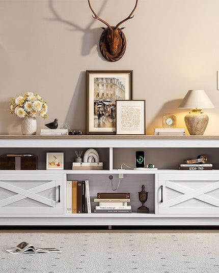 YITAHOME TV Stand for 75 Inch TV w/Power Outlets, Farmhouse Entertainment Center with Storage Cabinets, Rustic TV Cabinet Media Console Table for Living Room, 65'' Large TV Stand, Grey White/Grey Wash - LeafyLoom
