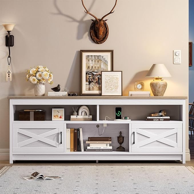 YITAHOME TV Stand for 75 Inch TV w/Power Outlets, Farmhouse Entertainment Center with Storage Cabinets, Rustic TV Cabinet Media Console Table for Living Room, 65'' Large TV Stand, Grey White/Grey Wash - LeafyLoom