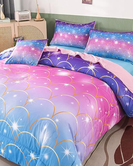 PERFEMET 6Pcs Mermaid Scale Comforter Sets Twin Size, 3D Pink Glitter Bed in A Bag for Teens Girls, Colorful Rainbow Bedding Comforter with Sheets Set, Ultra Soft Sparkly Galaxy Quilted Duvet - LeafyLoom