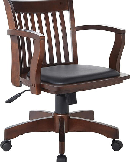 OSP Home Furnishings Deluxe Wood Banker's Desk Chair with Padded Seat, Adjustable Height and Locking Tilt, Espresso Finish and Black Vinyl - LeafyLoom
