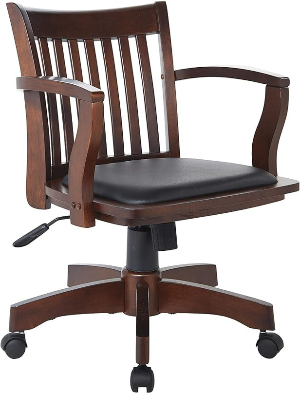 OSP Home Furnishings Deluxe Wood Banker's Desk Chair with Padded Seat, Adjustable Height and Locking Tilt, Espresso Finish and Black Vinyl - LeafyLoom