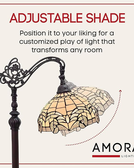 Amora Tiffany Floor Lamp - Arched, Stained Glass 62” - Traditional White Mahogany with Foot Switch Operation and Adjustable Lamp Shade - Custom Handcrafted Floor Lamps for Living Room - LeafyLoom