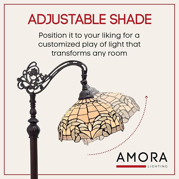 Amora Tiffany Floor Lamp - Arched, Stained Glass 62” - Traditional White Mahogany with Foot Switch Operation and Adjustable Lamp Shade - Custom Handcrafted Floor Lamps for Living Room - LeafyLoom