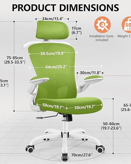 FelixKing Office Chair with Headrest, Ergonomic Desk Chair with Wheels, Task Swivel Comfy Chair with Adjustable Lumbar Support, Breathable Mesh Computer Chair with flip-up Armrests (Green) - LeafyLoom