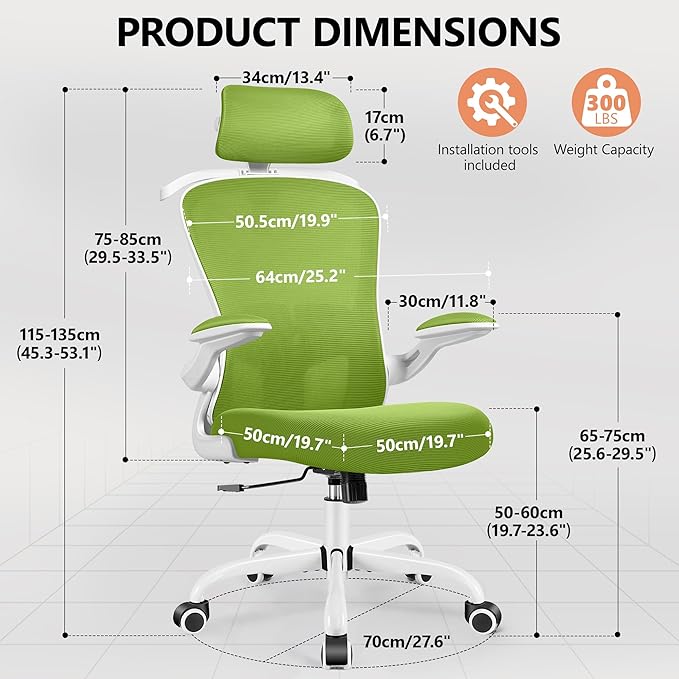 FelixKing Office Chair with Headrest, Ergonomic Desk Chair with Wheels, Task Swivel Comfy Chair with Adjustable Lumbar Support, Breathable Mesh Computer Chair with flip-up Armrests (Green) - LeafyLoom