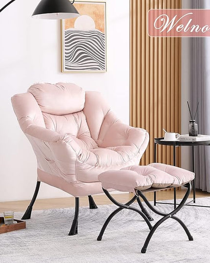Welnow Lazy Chair with Ottoman, Modern Lounge Accent Chair with Armrests and a Side Pocket, Leisure Upholstered Sofa Chair Set, Reading Chair with Footrest for Small Space, Corner Chair, Pink - LeafyLoom