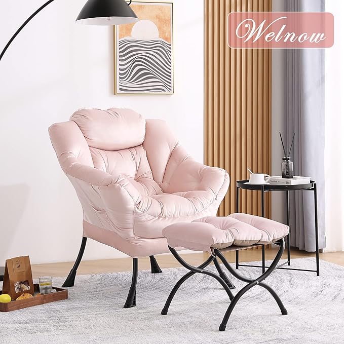 Welnow Lazy Chair with Ottoman, Modern Lounge Accent Chair with Armrests and a Side Pocket, Leisure Upholstered Sofa Chair Set, Reading Chair with Footrest for Small Space, Corner Chair, Pink - LeafyLoom