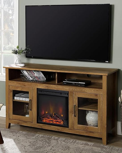 Walker Edison Glenwood Rustic Farmhouse Glass Door Highboy Fireplace TV Stand for TVs up to 65 Inches, 58 Inch, Barnwood - LeafyLoom