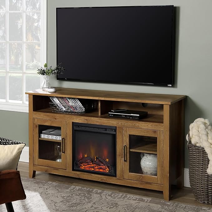 Walker Edison Glenwood Rustic Farmhouse Glass Door Highboy Fireplace TV Stand for TVs up to 65 Inches, 58 Inch, Barnwood - LeafyLoom