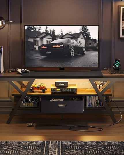 Bestier 70 Inch Gaming Tv Stands for Living Room with Power Outlet for TVs up to 75", Black Entertainment Center with Led Lights for Living Room Bedroom. Walnut - LeafyLoom