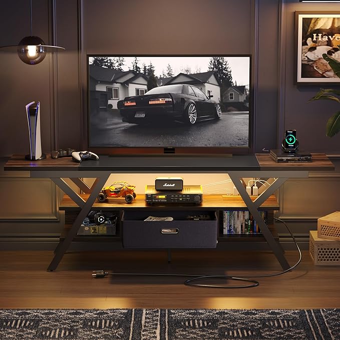 Bestier 70 Inch Gaming Tv Stands for Living Room with Power Outlet for TVs up to 75", Black Entertainment Center with Led Lights for Living Room Bedroom. Walnut - LeafyLoom