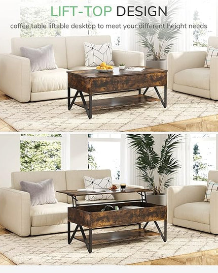 Novilla Lift Top Coffee Table with Storage 40 Inch Wood Lift Up Center Table for Living Room Tea Table with Hidden Compartment Rising Tabletop Table Cocktail Table, Rustic Brown - LeafyLoom