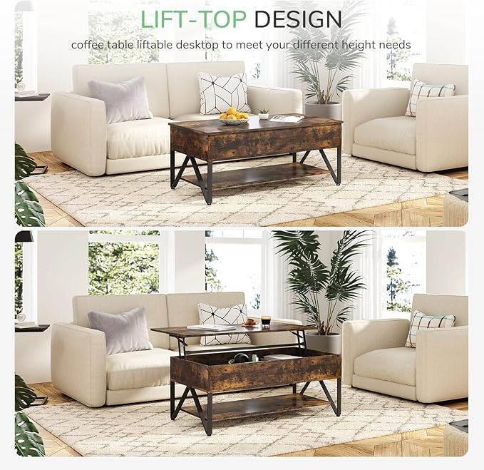 Novilla Lift Top Coffee Table with Storage 40 Inch Wood Lift Up Center Table for Living Room Tea Table with Hidden Compartment Rising Tabletop Table Cocktail Table, Rustic Brown - LeafyLoom