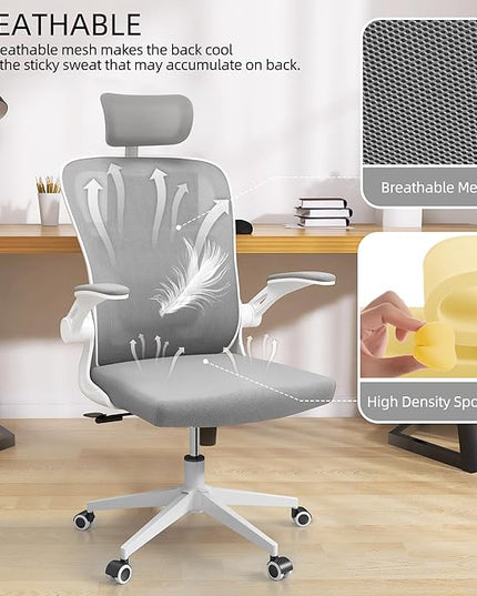 Office Chairs, Ergonomic Office Chair, Computer Chair with Adjustable Headrest, Lumbar Support, 2D Armrest, Metal Base and Iron Legs, White Frame Grey Mesh Office Chair - LeafyLoom