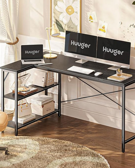L Shaped Desk, 55 Inches Computer Desk with Reversible Storage Shelves, Gaming Desk, Corner Desk Home Office Desks, Writing Desk Study Desk with Metal Frame, Black - LeafyLoom