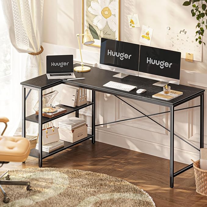 L Shaped Desk, 55 Inches Computer Desk with Reversible Storage Shelves, Gaming Desk, Corner Desk Home Office Desks, Writing Desk Study Desk with Metal Frame, Black - LeafyLoom