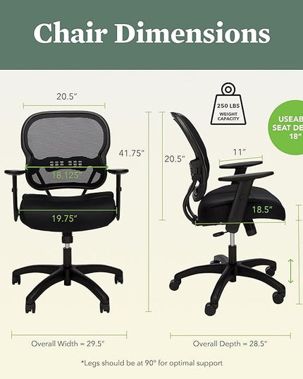 HON Wave Home Office Desk Chair - Office Chair Ergonomic Desk Chair - Ergonomic Mesh Office Chair, Mid Back, Adjustable Arms, Lumbar Support, Synchro-Tilt, Cushion, 360 Swivel Wheels - LeafyLoom